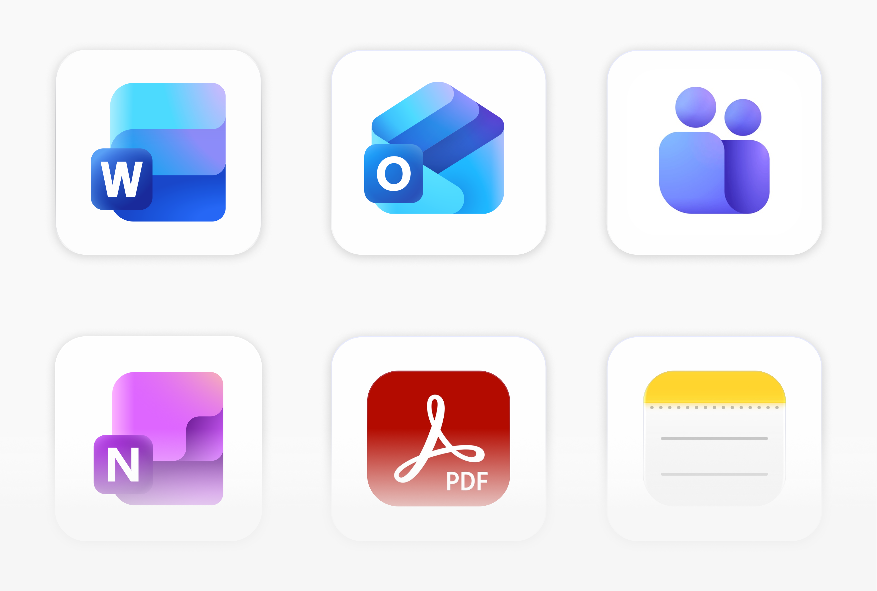 App-Icons: Word, Outlook, Teams, OneNote, PDF, Notizen